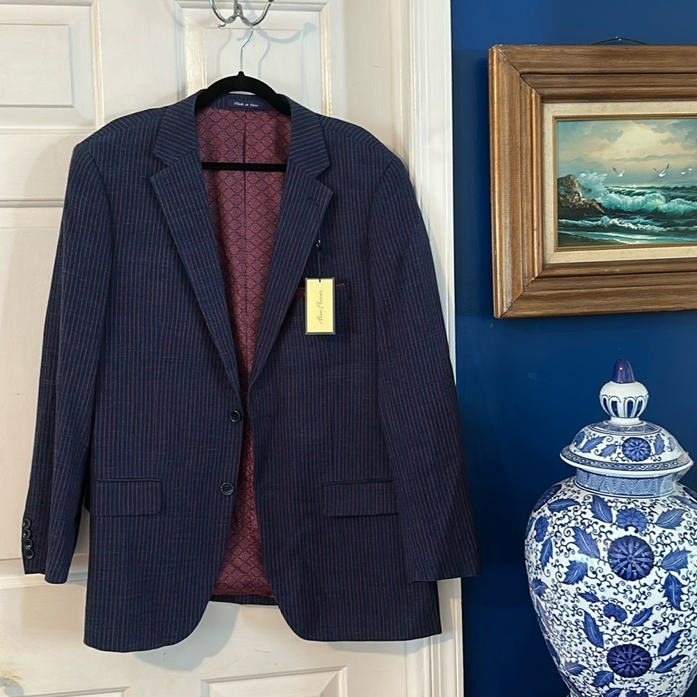 NWT Men’s Alan Flusser Navy & Red Striped Linen & Cotton 2 Button Blazer Size L